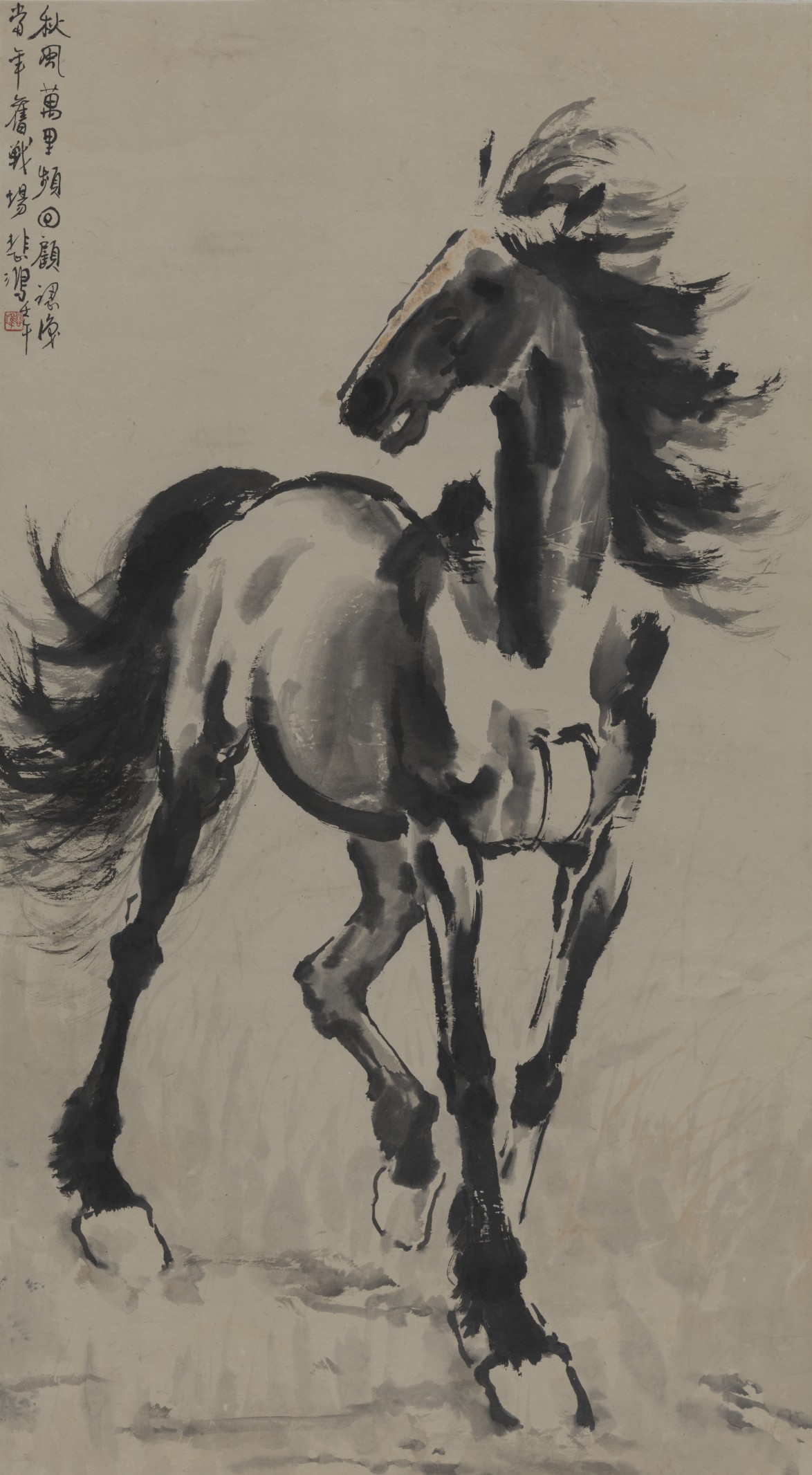 <h2>战马</h2><p>作者：徐悲鸿</p><p>创作年代：1942年</p><p>规格：110.5cm×61.3cm</p><p>品类：纸本水墨设色中国画</p>