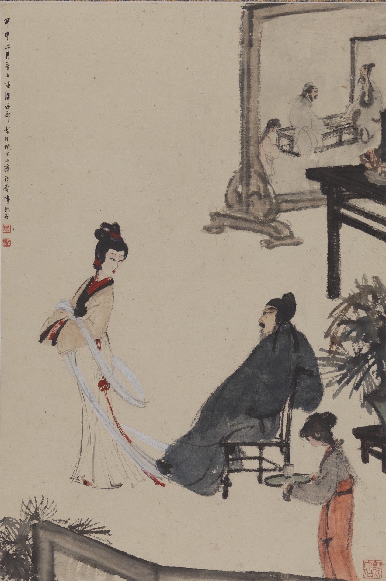 <h2>陶谷赠词</h2><p>作者：傅抱石</p><p>创作年代：1944年</p><p>规格：91cm×61cm</p><p>品类：纸本水墨设色中国画</p>